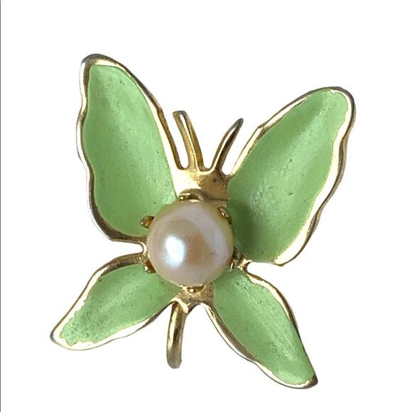 Vintage green enamel pearl gold plated Butterfly clip earrings - Picture 6 of 9